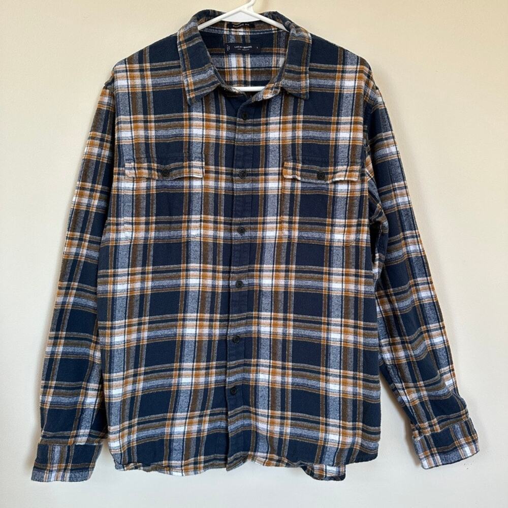 Lucky Brand Classic Fit Flannel Shirt Plaid Cotton Button Front Long Sleeve Blue